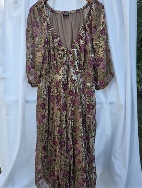 Floral V-Neck Midi Dress in Mauve and Olive